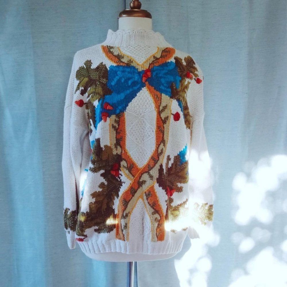 Women's Cream Cowl Sweater with Blue Bow and Autumn Motif